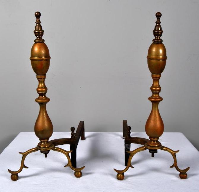 Urn Form Brass Andirons By Sheffield NY: Circa 1940, of the usual form. 20 x 9 x 18.5 in. NOTE: Condition consistent with age and use