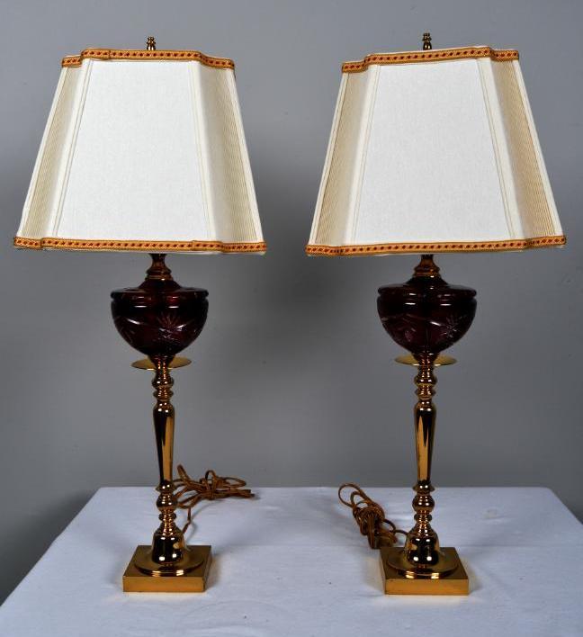 Pair of Ruby Glass and Brass Lamps (1 of 4)