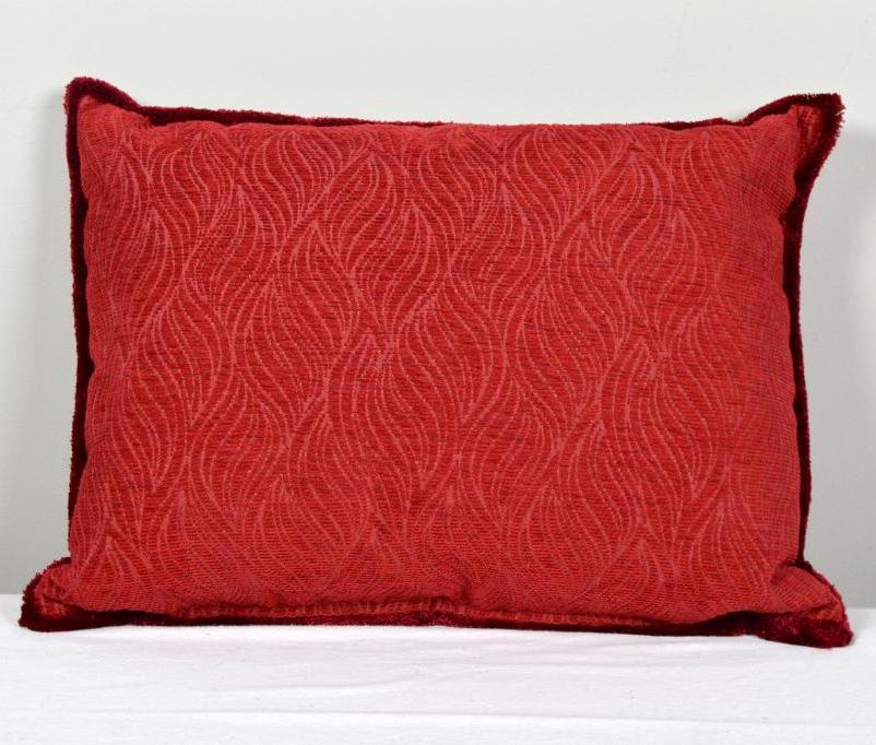 Red Nobilis Chenille Custom Pillow: 50% down and feather fill using a Noblilis chenille front and back and a Samuel and Sons fringe sewn into the edges. 22 in. x 16 in. Condition is very good