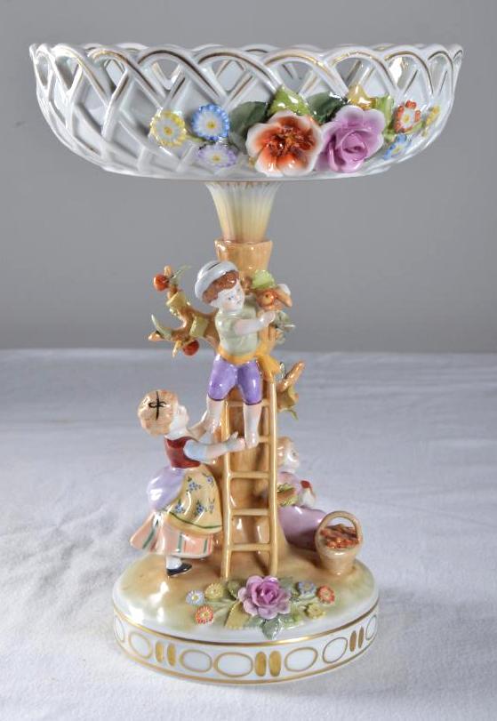 Plaue Schierholz Porcelain Centerpiece: The floral bowl unscrews and can be used as a stand-alone bowl and the stand can be a candleholder. 13 in x 9 in. D. Marked 1817 underneath the crest and marked handpainted excellent condition