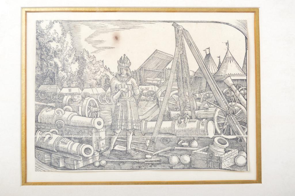 Albrecht Altdorfer (German, 1480-1538): Maxmillian Inspecting Artillery Woodcut Image: 4.25 x 6 in.; Frame: 29.5 x 11.5 in. Good Condition