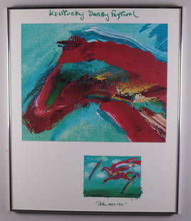 1981 Kentucky Derby Festival Poster: Artist: Peter Max (American, 20th Century) Poster,1981; Abstract red horse head in the top picture and a smaller picture below of a red horse . Image: 29.5 x 24.5 in.; Frame: 30 x 25 in. Glazed and