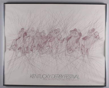 1983 Kentucky Derby Festival Poster: Artist: Guillaume Azoulay (Morocco, 20th Century) Poster,1983; Black and white drawing of jockeys and horses running a race with abstract lines in the background . Image: 23.5 x 29.5 in.; Frame: 24