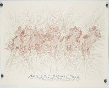 1983 Kentucky Derby Festival Poster: Artist: Guillaume Azoulay (Morocco, 20th Century) Poster,1983; Black and white drawing of jockeys and horses running a race with abstract lines in the background. Image: 24 x 30 in. Unframed 