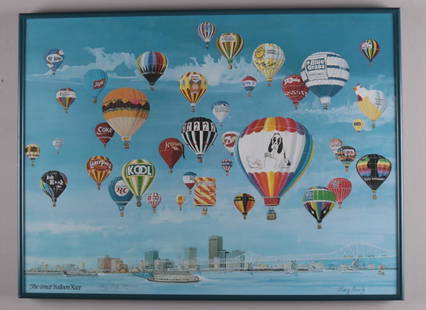 1983 The Great Balloon Race Poster: Artist: Mary Neely (American, 20th Century) Poster, 601/1000, 1983; Details of hot air balloons from companies such as Coke, Kentucky Fried Chicken, Ford and others with a beautiful blue sky