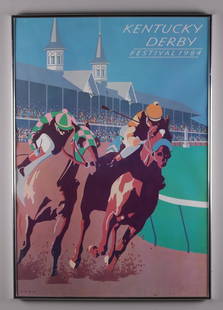 1984 Kentucky Derby Festival Poster: Artist: Oren sherman (American, 20th Century) Poster,1984; Colorful image of two jockeys and horses rounding the track during a race with Churchill Downs iconic Twin Spires in the background. 