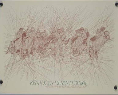 1983 Kentucky Derby Festival Poster: Artist: Guillaume Azoulay (Morocco, 20th Century) Poster,1983; Black and white drawing of jockeys and horses running a race with abstract lines in the background. Image: 24 x 30 in. Unframed 