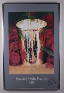 1986 Kentucky Derby Festival Poster: Artist: Cynthia Torp (American, 20th Century) Poster,1986; Silver mint julep cup with reflection of horses with red roses in the background. Inscribed in pen "To Gerry | All the best Cynthia