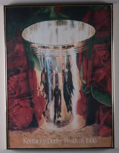 1986 Kentucky Derby Festival Poster: Artist: Cynthia Torp (American, 20th Century) Poster,1986; Silver mint julep cup with reflection of horses with red roses in the background. Image: 23.5 x 17.5 in.; Frame: 24 x 18 in. Glazed and