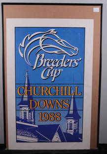 1988 Breeders Cup Poster: Artist: 1988 Breeders Cup Poster Poster,1988; The steeples in purple against the blue sky with the words Breeder cup in white and Churchill Downs 1988 in gold block lettering. Image: 33 x 21 in.