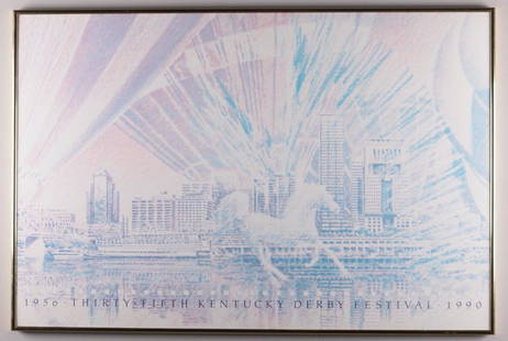 1990 Kentucky Derby Festival Poster: Artist: C.M (Sonny) Whittle and Mark Bird (American, 20th Century) Poster,1990; White Pegasus with the Louisville skyline in the background. Image: 23.5 x 35.5 in.; Frame: 24 x 36 in. Glazed and