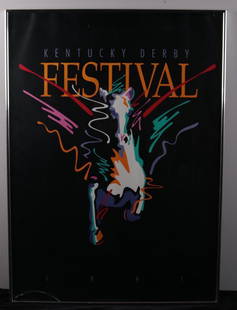 1991 Kentucky Derby Festival Poster: Artist: Jeff Tull (American, 20th Century) Poster,1991; Abstract horse in purple yellow and pink with white background. Image: 32.5 x 23.5 in.; Frame: 33 x 34 in. Glazed and matted in silver metal