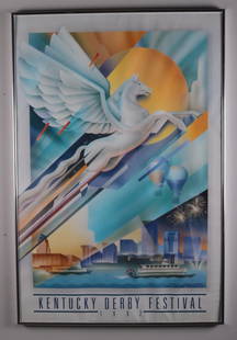 1992 Kentucky Derby Festival Poster: Artist: John Mattos (American, 20th Century) Poster,1992; Art deco style design of a white pegasus horse with the louisville skyline in the background. Image: 35.5 x 23.5 in.; Frame: 40 x 24 in.