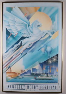 1992 Kentucky Derby Festival Poster: Artist: John Mattos (American, 20th Century) Poster,1992; Art deco style design of a white pegasus horse with the louisville skyline in the background. Image: 35.5 x 23.5 in.; Frame: 40 x 24 in.