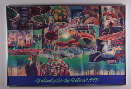 1993 Kentucky Derby Festival Poster: Artist: Mark Bird (American, 20th Century) Poster,1993; Various scenes of Louisville in the spring. Image: 23.5 x 35.5 in.; Frame: 24 x 36 in. Glazed and matted in a silver metal frame Condition: