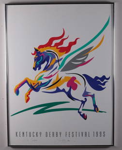 1995 Kentucky Derby Festival Poster: Artist: Jeff Tull (American, 20th Century) Poster,1995; Abstract horse in purple yellow and pink with white background. Inscribed in pen "To Gerry | Jeffrey Tull" lower left and middle 