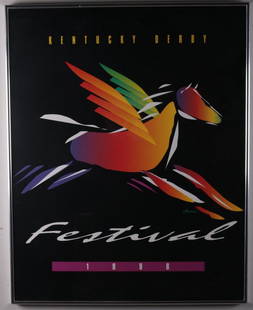 1996 Kentucky Derby Festival Poster: Artist: Karen Boone (American, 20th Century) Poster,1996; Abstract Pegasus in vibrant colors on black background. Signed in plate Boone on lower right. Signed in gold pen lower right "Karen