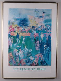 1997 Derby Day Paddock Poster: Artist: LeRoy Neiman (American, 20th Century 1921-2012) Poster,1997; Commemorating the 123rd Kentucky Derby. View of spectators and horses going around the paddock with Churchill Downs in the