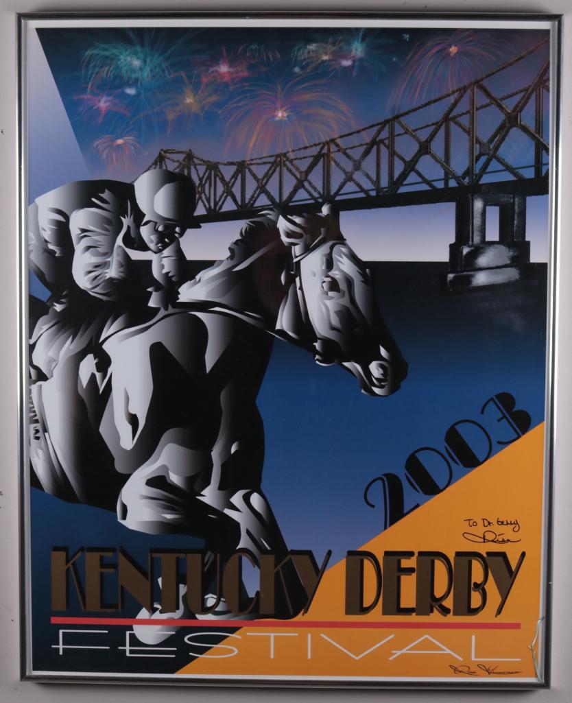 2003 Kentucky Derby Festival Poster: Artist: Risa Yussman (American, 20th Century) Poster,2003; Jockey on a horse with the Kennedy bridge in the background. Signed in plate Risa Yussman on lower right. Inscribed in pen "To Dr. Gerry 