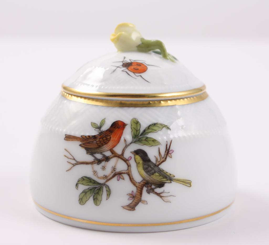 Herend - Honey Pot with Yellow Rose Knob: Hand Painted in Rothschild Bird. Signed with Herend marks: 243-0-09 RO J (October ') Dimensions Approximately: 2 x 2.5 x 2.5 in. NOTE: No apparent flaws