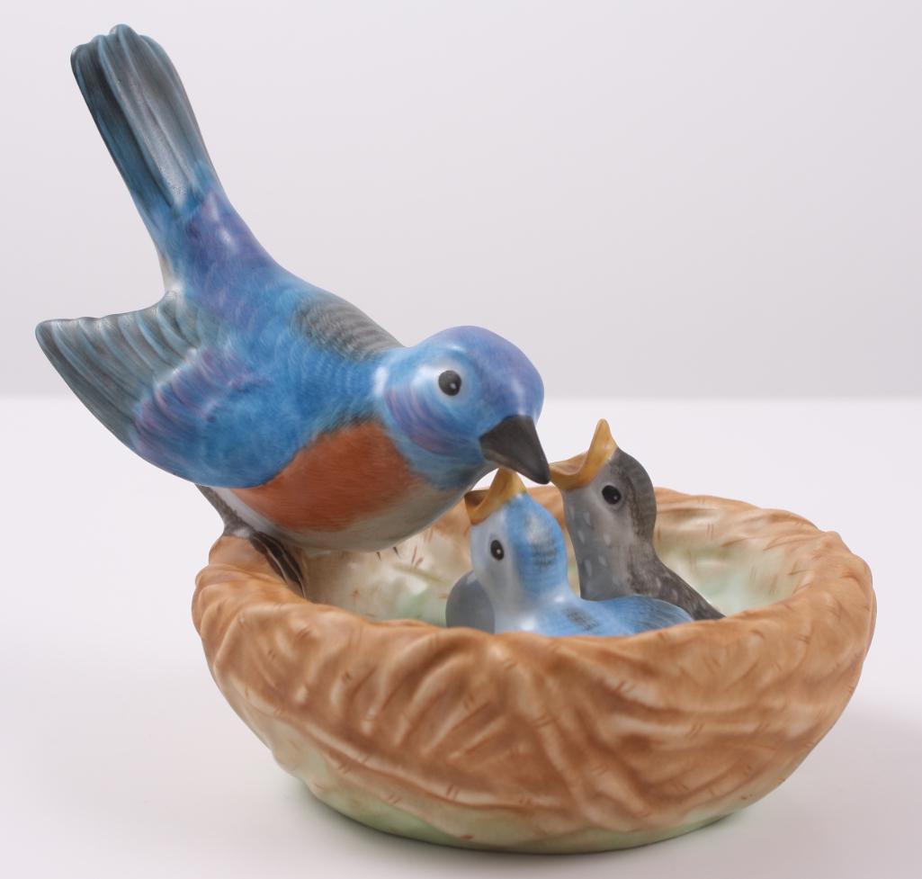 Herend Figurine - Blue Bird in Nest: Hand Painted in Natural Matte. Limited Edition 2009 Signed with Herend marks: 15575-0-00 MCD J (October ') Dimensions Approximately: 5 x 6 x 6 in. NOTE: No apparent flaws
