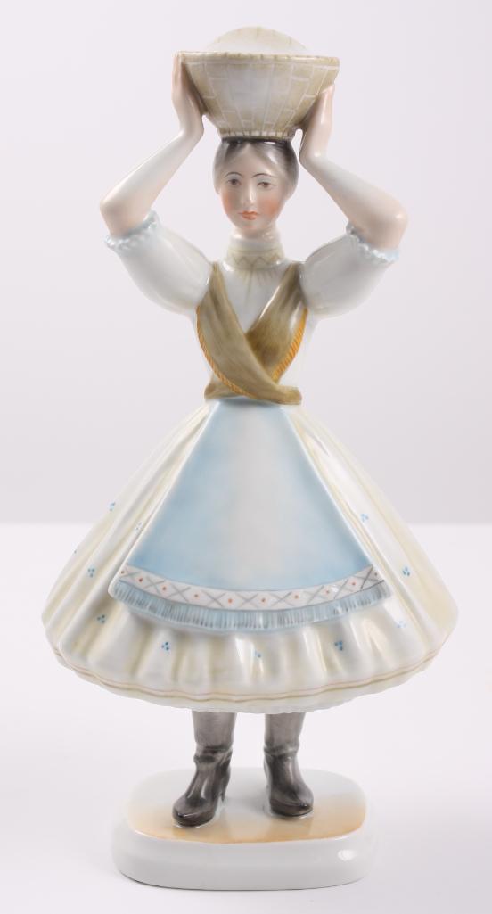 Herend Figurine - Woman with Basket on Head: Hand Painted Signed with Herend marks: 15776-0-00 C (Not Dated) Dimensions Approximately: 10.5 x 5 x 4 in. NOTE: No apparent flaws
