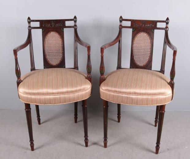 Pair of George III Painted Armchairs: Each with painted and cane splat, painted arms, legs and upholstered seat. Dimensions: 35 x 20 x 21 in. NOTE: No apparent flaws.