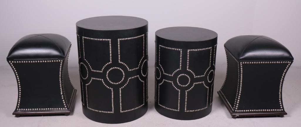 Pair of Stools and Side Tables: Stools of shaped rectangular form with studs, seats open to reveal storage, side tables (24 x 18 in.) are circular with tops opening to reveal storageDimensions: 19 x 13 x 13 in.NOTE: no apparent flaw