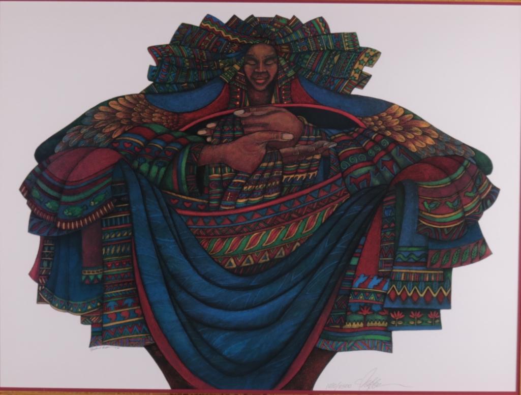 Charles Bibbs (American, B. 1948): The Gift 3 , 1995, African American woman with her eyes closed with clothing wrapped around, 1690/2500 Offset Lithograph Signed and dated in pen on lower left. Signature and edition number in pencil l