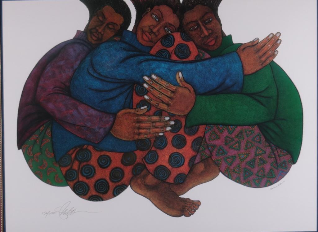 Charles Bibbs (American, B. 1948): Sisterhood, 1999, Three African American women with their arms wrapped around each other, 156/2000 Offset Lithograph Signed and dated in pen on lower right. Signature and edition number in pencil lowe