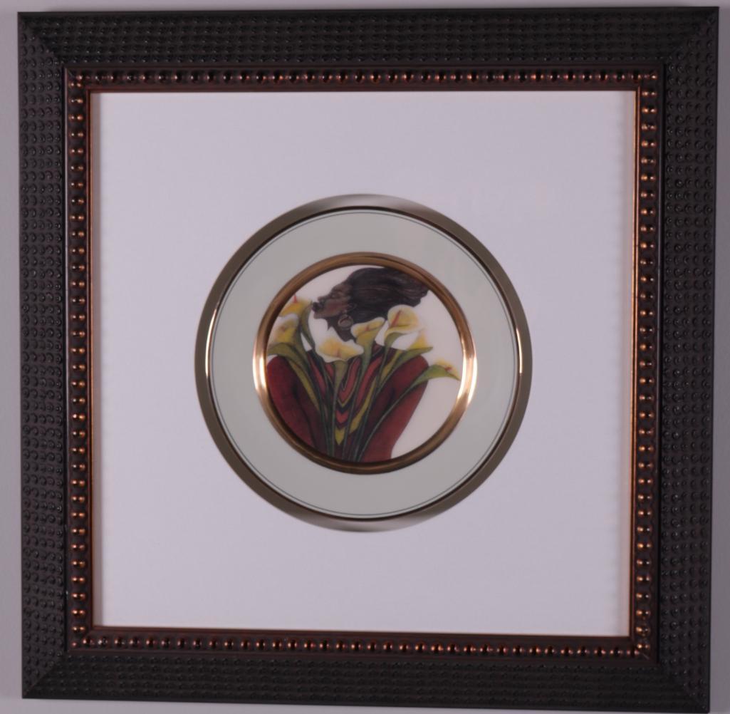 Charles Bibbs (American, B. 1948): Sweet Lilies (Plate) Painted Plate Image: 9 x 9 in.; Frame: 20 x 23 in. Glazed in a textured wood frame Condition: No apparent flaws Property of Anthony French, Jr.