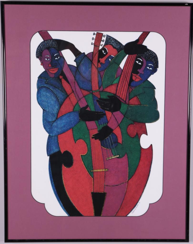 Charles Bibbs (American, B. 1948): Jazz Strings, 1999, Open edition Poster Signed in plate lower right Image: 21 x 15 in.; Frame: 27.25 x 21.25 in. Matted and glazed in a black wood frame Condition: No apparent flaws
