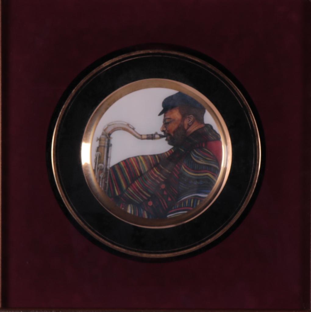 Charles Bibbs (American, B. 1948): Jazzin (Plate) Painted Plate Image: 9 x 9 in.; Frame: 18.5 x 18.5 in. Glazed in a gold wood frame Condition: No apparent flaws Property of Anthony French, Jr.
