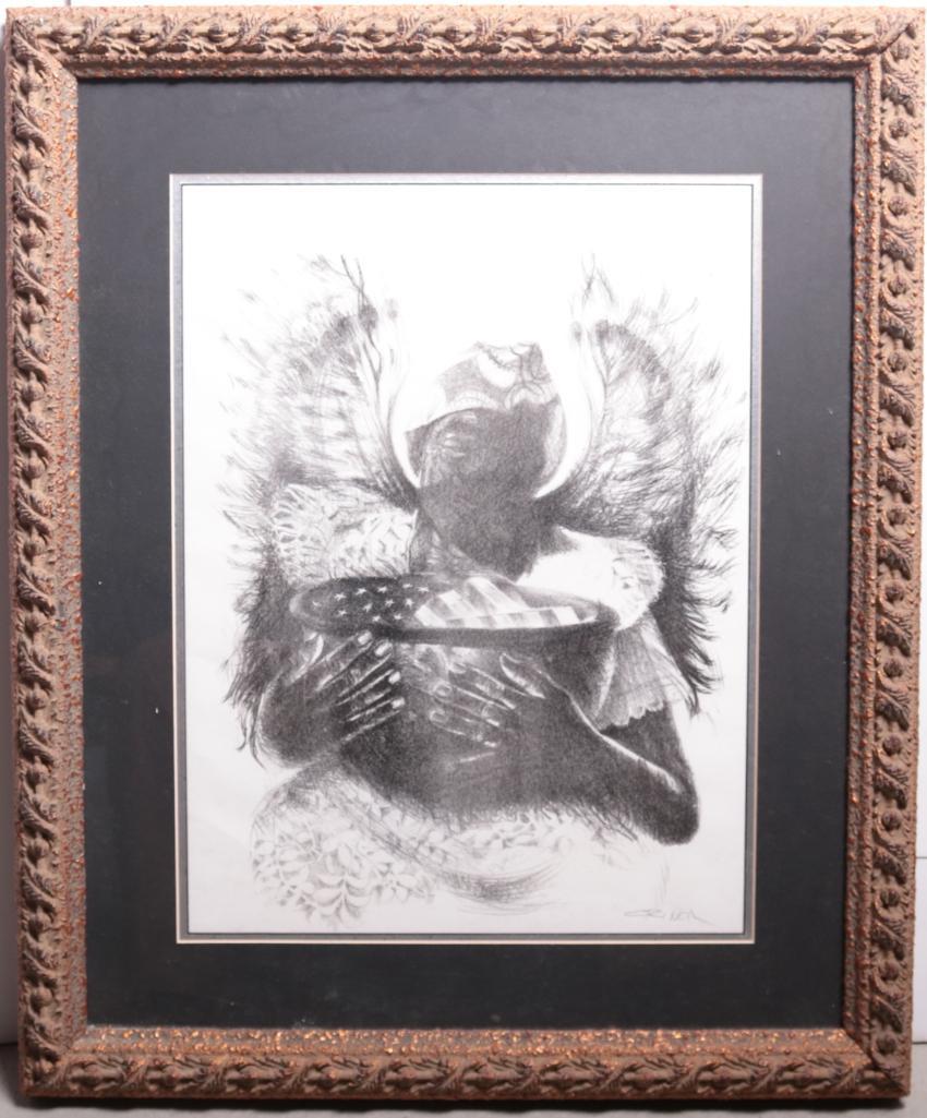 Charles Criner (American, B. 1945): Untitled, Woman with wings holding a bowl with the American flag , Lithograph Signed in pencil on lower right C Riner Image: 20 x 15 in.; Frame: 29 x 24 in. Matted and glazed in rosewood gilded frame 