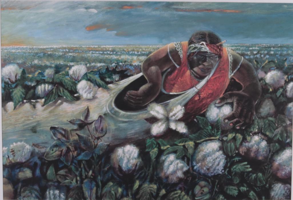 Charles Criner (American, B. 1945): Untitled, Man in a field picking cotton , Pastel Signed in print on lower left Image: 22 x 32 in.; Frame: 34.5 x 44.5 in. Matted and glazed in a red wooden frame Condition: No apparent flaws. Property