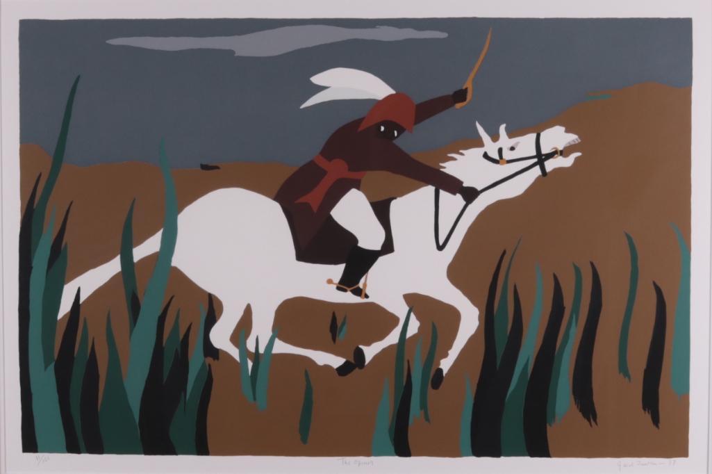 Jacob Lawrence (American, 1917-2000): The Opener, 1997, from Toussant L'OuvertureLiterature: Nesbett 89-2, 11/120Color screenprint on wove paper.Signed in pencil on lower right. Edition number in pencil on lower left.Image: 20 x 30 in
