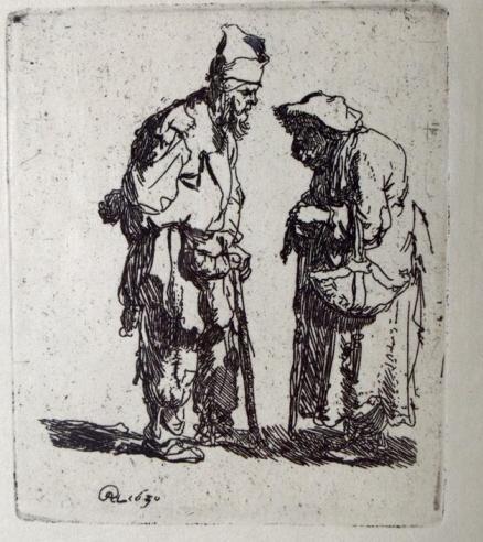 Rembrandt van Rijn (Dutch, 1606-1669): Begger Man and Beggar Woman Conversing Etching, later impression than original (1630) without watermark, possibly New Holsteins, not inspected out of frame Signed in plate Image: 3 x 2.5 in.; Frame: 2