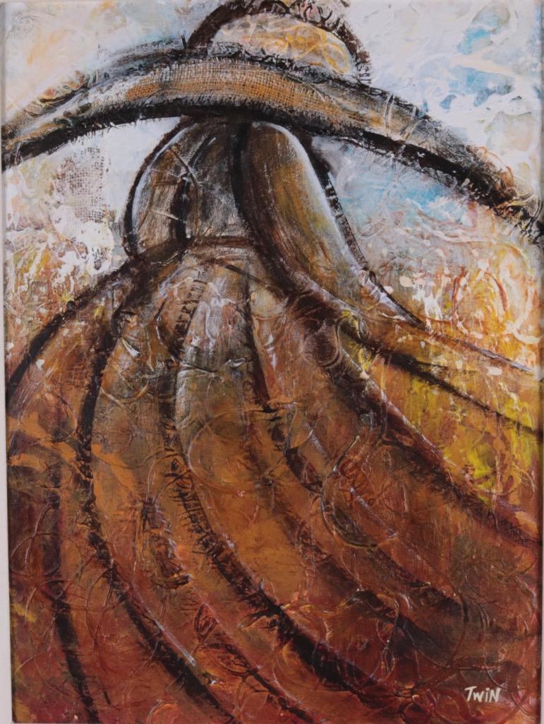 TWIN (Jerry and Terry Lynn)(American, 21st Century): Woman in Field, 2003, Abstract image of woman in a wide brimmed hat, Oil and mixed media on canvas Image: 18 x 24 in.; Frame: 32 x 25 in. Brown wood frame Condition: No apparent flaws. Property of Ant