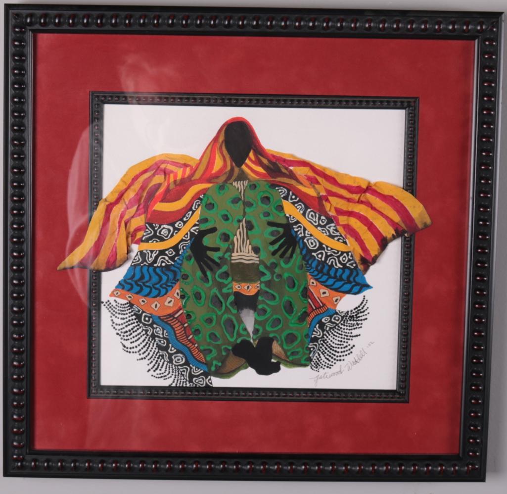 Gateway Waddell (American, 20th C): Untitled, 2002, Of a woman sitting in a flowing robe, Mixed media on paperSigned and dated lower leftImage: 9.75 x 10.25 in.; Frame: 16.5 x 17 in. Matted and glazed in carved black frameCondition: No