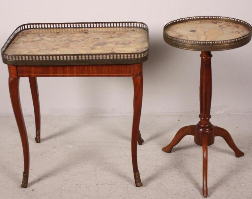 Pair of Louis Style XVI Side Tables: Both with marble tops, with brass gallery Dimensions: 20 x 18 x 13 in. NOTE: Wear consistent with age and use