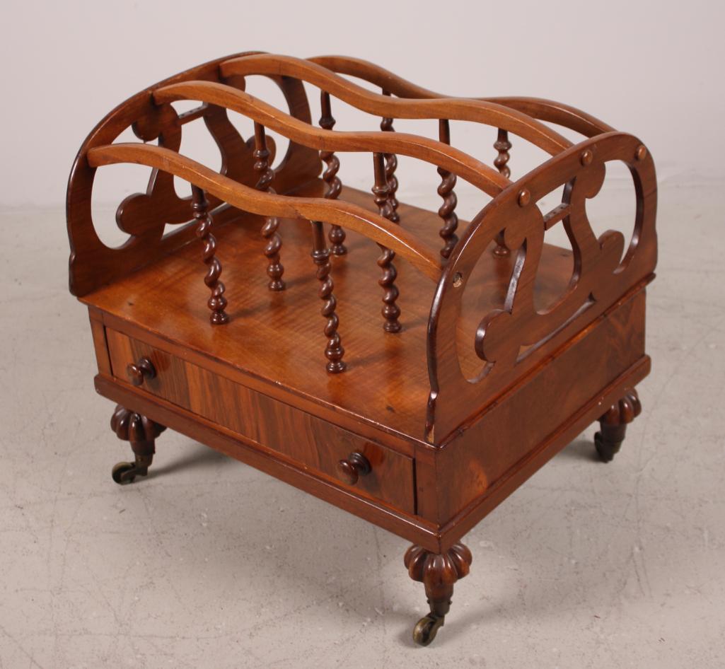 Regency Mahogany Canterbury: Of usual form, with a single drawer, on casters Dimensions: 16 x 19.5 x 15.5 in. NOTE: Evidence of repair on two feet