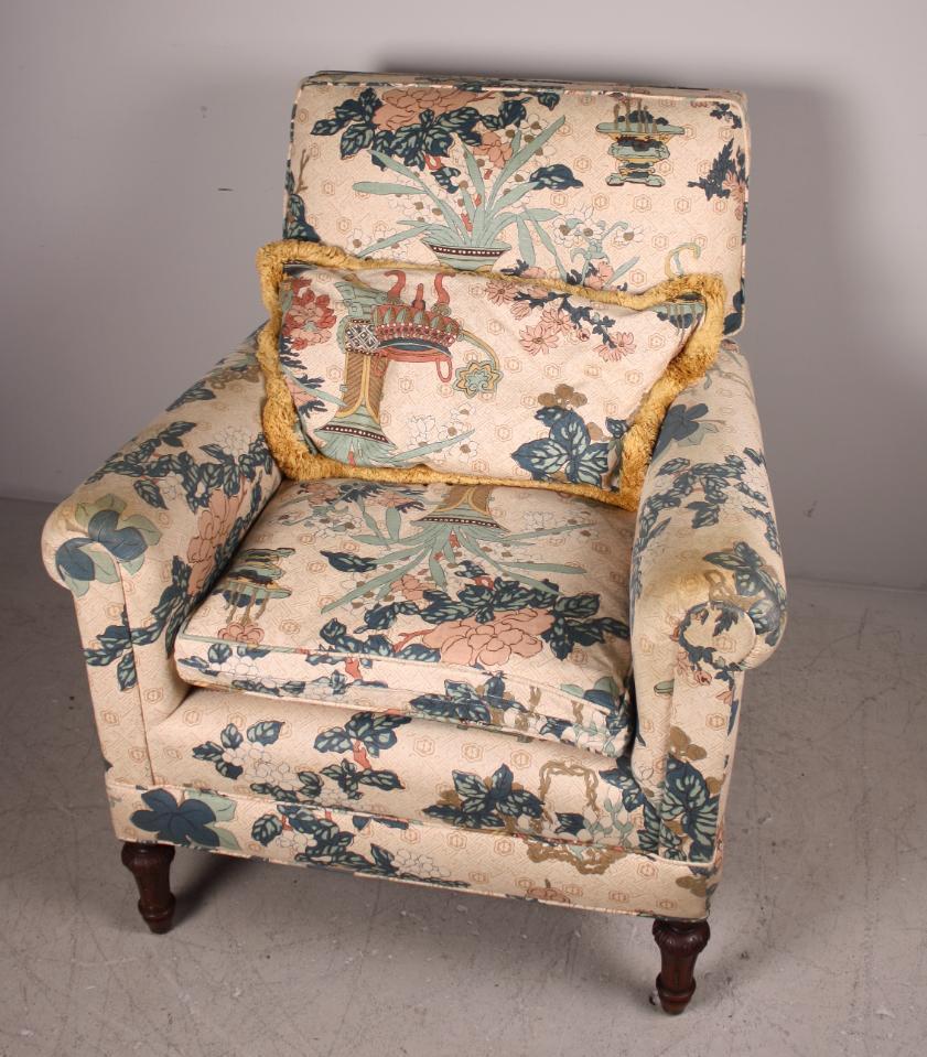 Upholstered Chair: Floral and Urn fabric with matching pillow Dimensions: 40 x 34 x 34 in. NOTE: Wear consistent with age and use