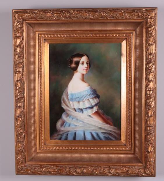 19th Century Spanish Style: Untitled (Woman in Blue Dress), 3/4 view of woman in blue dress., Oil on board Signed indistinctly "Roma" lower left Image: 15.5 x 11.5 in.; Frame: 26.5 x 22.25 in. Carved gilt wood frame