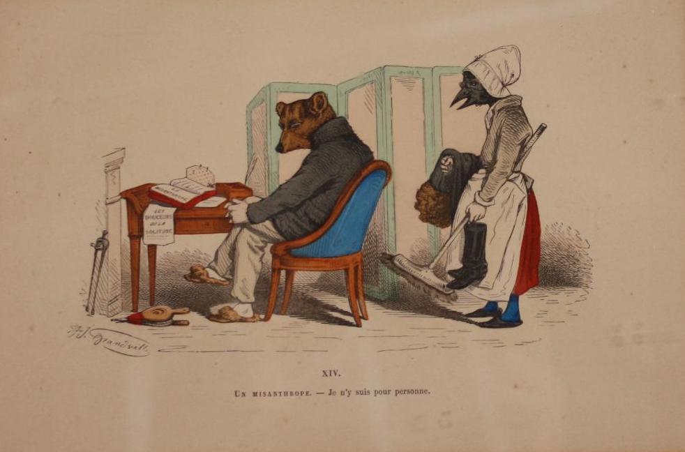 19th Century French School: Un Misanthrope, A bear at a desk, Color Lithograph Image: 6 x 9 in.; Frame: 10.5 x 13 in.