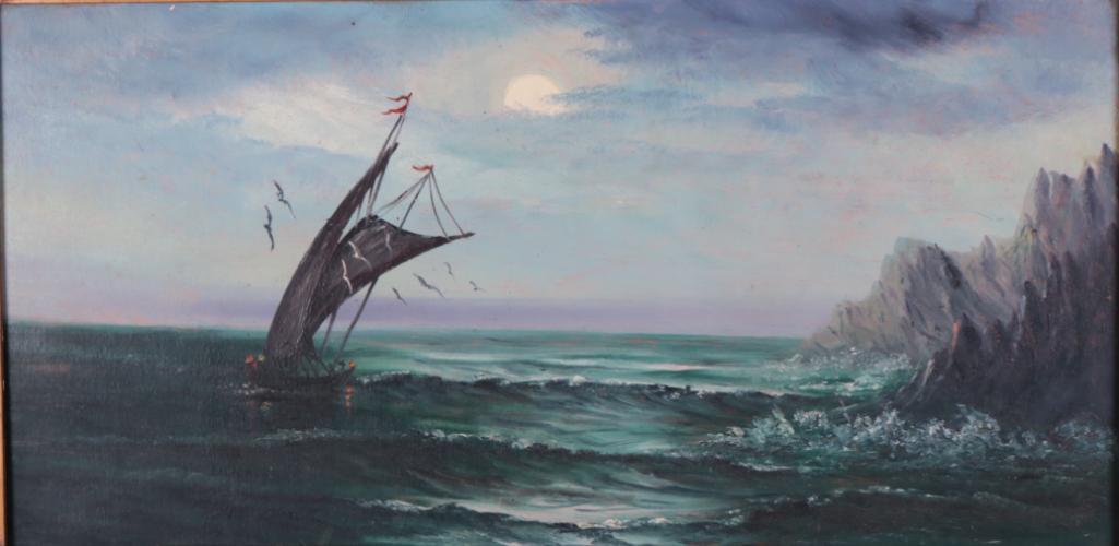 20th Century American School: Untitled (Sailboat near Rocky Coast), Of a sailboat against a moonlit sky near a rocky shore, Oil on panel No apparent signature Image: 11.5 x 23.5 in.; Frame: 15.75 x 27.75 in. Painted wood frame Con