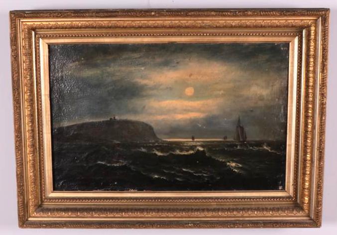 20th Century American School: Untitled (Ships at Night), Of three boats at night, a lighthouse dominates the left side of the painting., Oil on canvas No apparent signature Image: 13.5 x 21.5 in.; Frame: 20 x 28 in. Gilt wood fram
