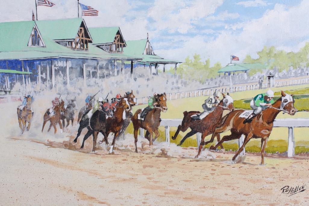 Ray Allen (Kentucky, 20th Century): Kentucky Racing Organization, Lexington, KY, Of the Kentucky Racing Organization track in Lexington, the track was founded in 1834, and races were held there until 1896. Oil on canvas Signed "Ray 