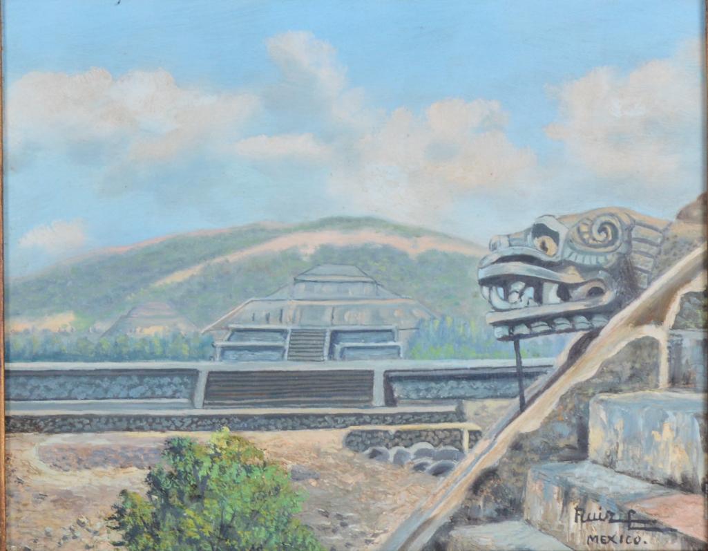 Pedro Ruiz Carreon (Mexican, B. 1920): Vista of Teotihuacan Oil on board Signed "Ruiz C, Mexico" lower right Image: 7.75 x 9.25 in.; Frame: 15 x 17 in. In a carved wood frame Condition: No losses