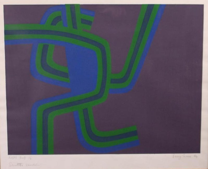Barry Evans (British, 20th Century): Untitled, Of interweaving forms on a purple ground, a/p Color Lithograph Signed and editoned (a/p) lower margin Image: 19 x 23 in.; Frame: 27 x 31 in.