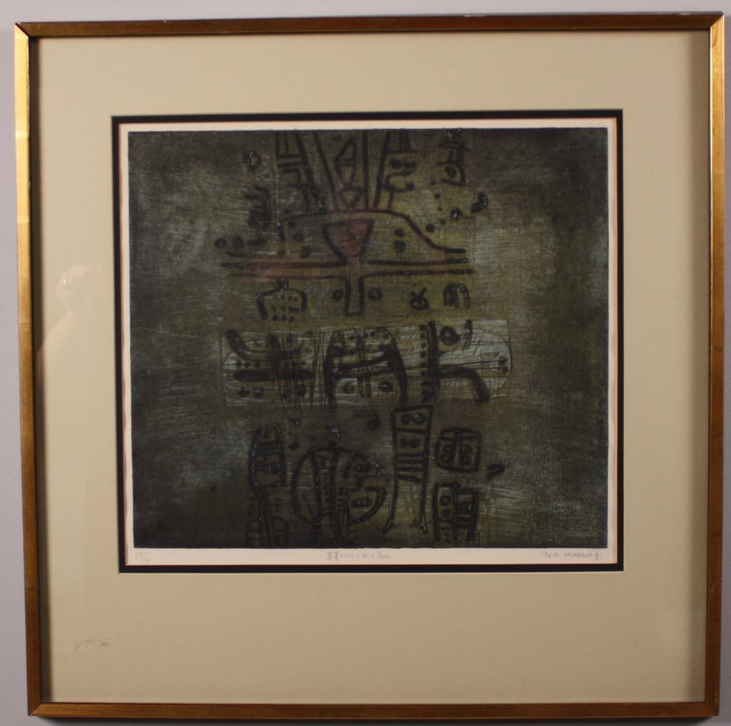 Shoichi Hasegawa (Japanese, B 1929): Ete a Paris, Abstract work with dark grey ground, 27/30 Lithograph Signed, titled and editioned (27/30) lower margin Image: 16 x 18 in.; Frame: 26 x 26 in.